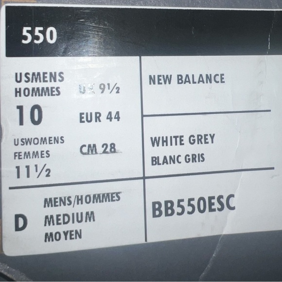 NEW BALANCE BB550ESC Athletic Shoes | Color: WHITE / SLATE GREY | NEW/NIB ?